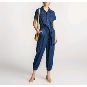 Alice + Olivia Denim Jogger Jumpsuit 24 Short Sleeves Belted Waist Cargo Pockets